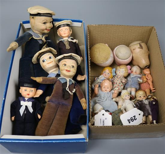 Five souvenir sailor dolls, a collection of miniature dolls and three Armand Marseilles bisque dolls heads,